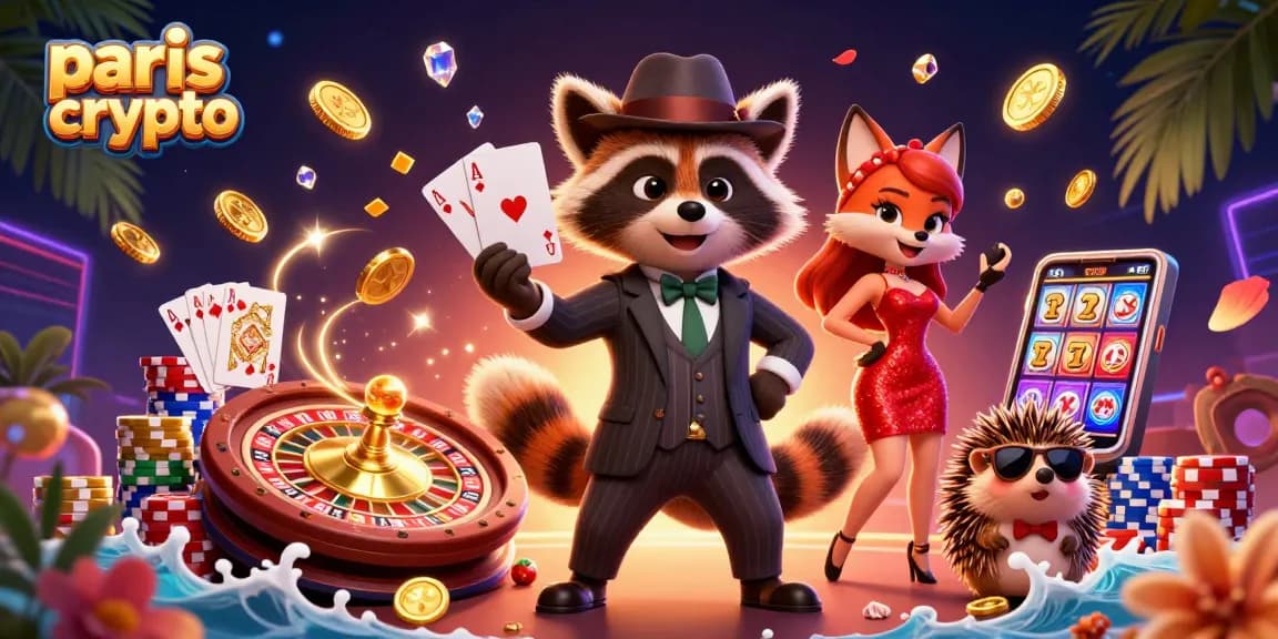 Pariez sur paris crypto avec des gains impressionnants au casino aux côtés d'un raton laveur élégant et une renarde séduisante.