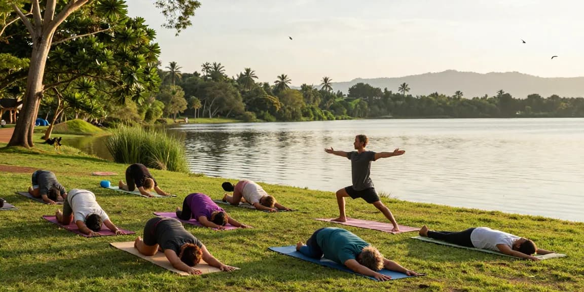 Yoga teacher sri lanka leading an outdoor class at sunset for a small group, highlighting tranquil lake views.