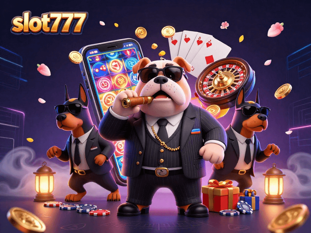 Spin winning reels on slot777 with a mafia bulldog and bodyguards, vibrant casino scene.