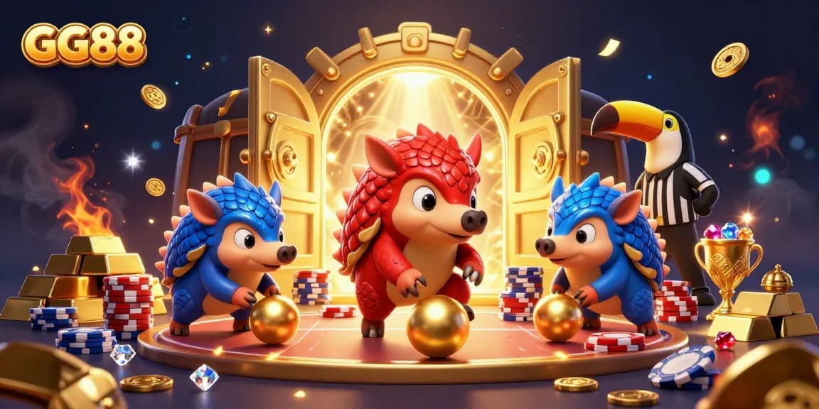 GG88 pangolins bowling through poker chips with treasures and golds in a vibrant casino scene