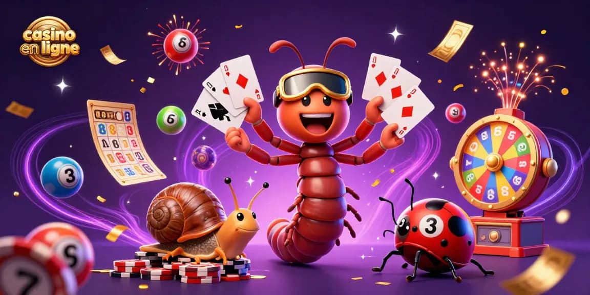 Illustration animée d'un casino en ligne avec un multidé à mille pattes, des ballons de loterie et une ambiance festive.