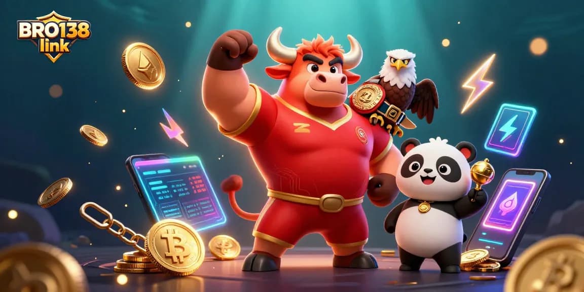 Engage with the excitement at BRO138 link as a bull, eagle, and panda celebrate winning in a vibrant casino-themed scene.