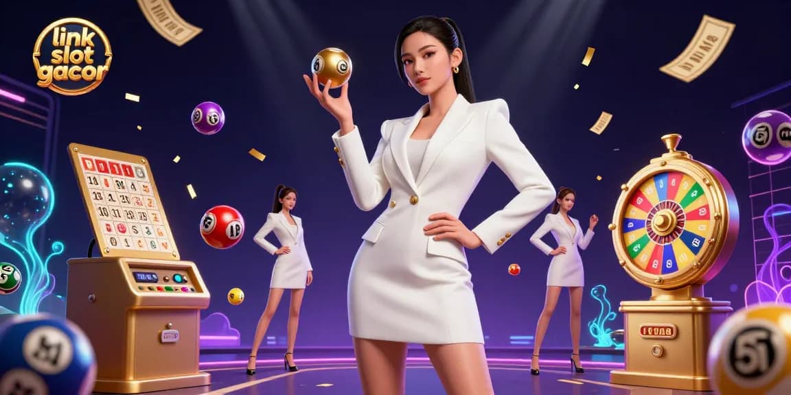 Berinteraksi dengan link slot gacor dalam suasana kasino yang hidup, dipenuhi elemen dinamis dan aksen emas.
