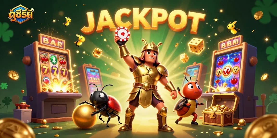 Experience ดูซีรี่ย์ with our victorious hercules beetle and golden chip in a vibrant jackpot scene.