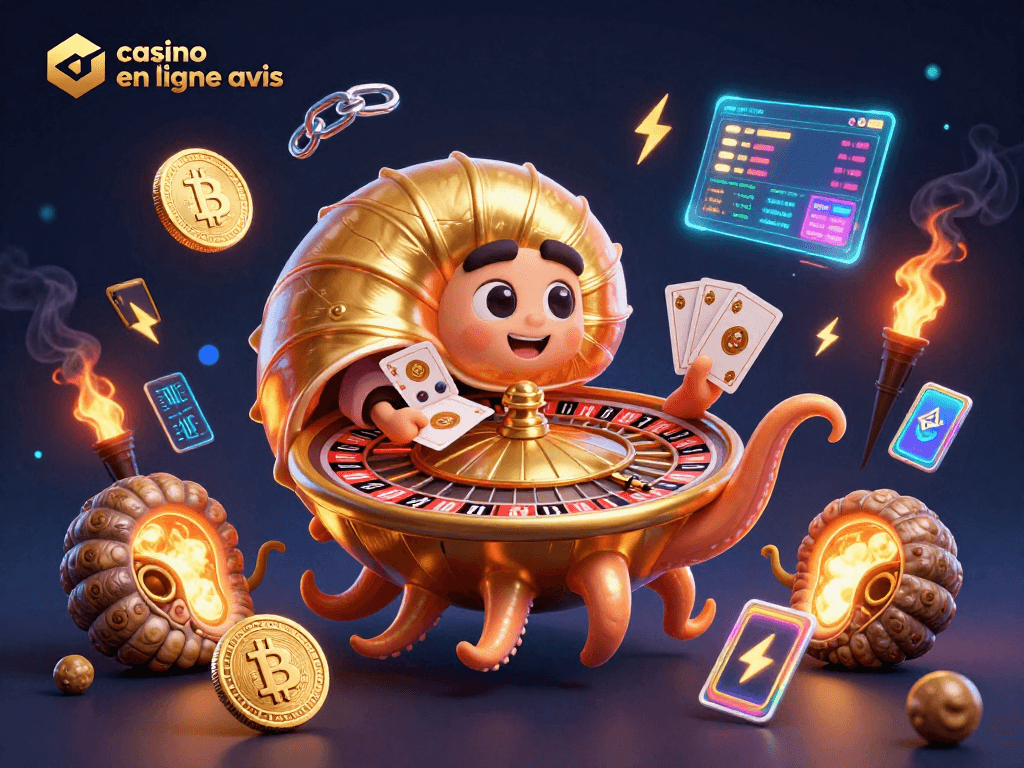 Visualisez un monde fascinant de casinos en ligne avis avec un giant nautilus jouant aux cartes entouré de crypto-monnaies.