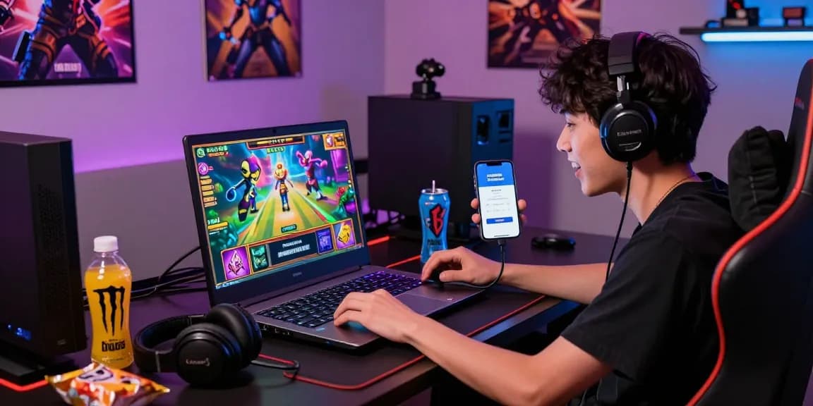 Engaging scene of a gamer using deposit pulsa tanpa potongan on a laptop, vibrant gaming atmosphere with accessories.