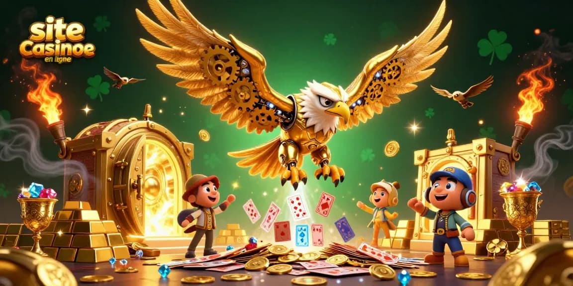 Vivez l'excitation d'un site casino en ligne avec un aigle doré cybernétique et des trésors lumineux.