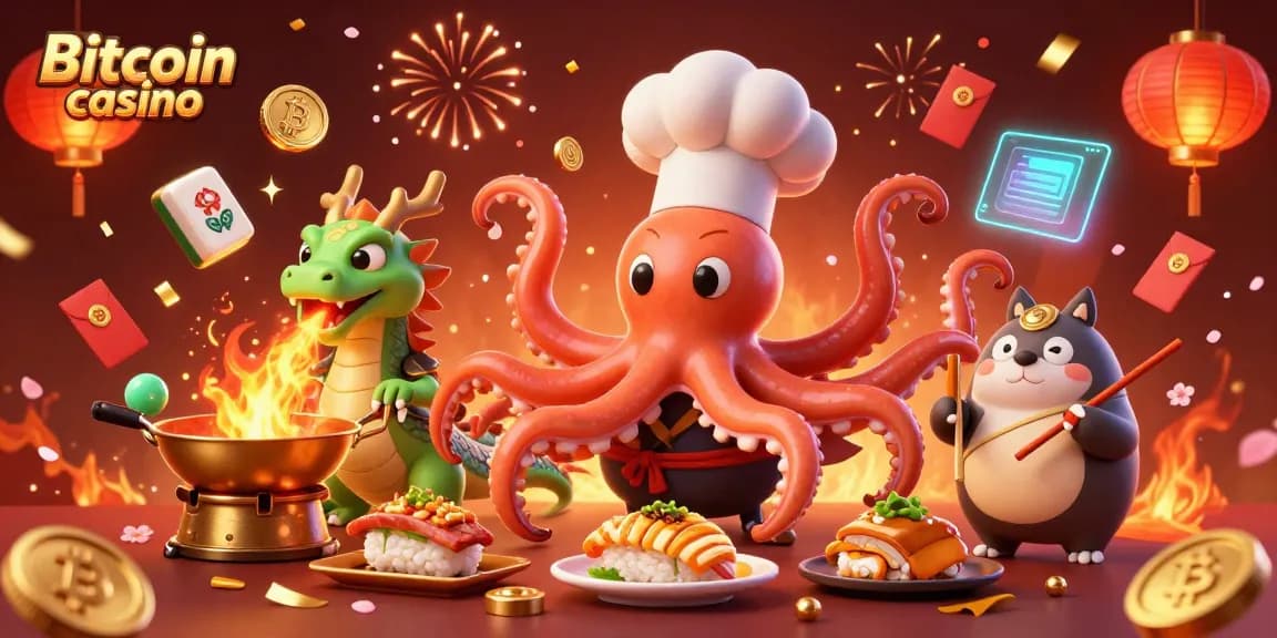 Gagnez lors de vos jeux avec un Bitcoin casino, mettant en avant un chef sushi polymorphe et un dragon.