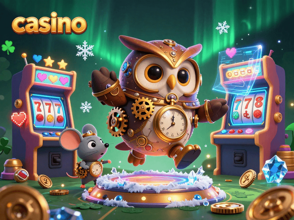 Experience the vibrant world of casino gameplay with our 3D illustration showcasing interactive slots and steampunk characters.