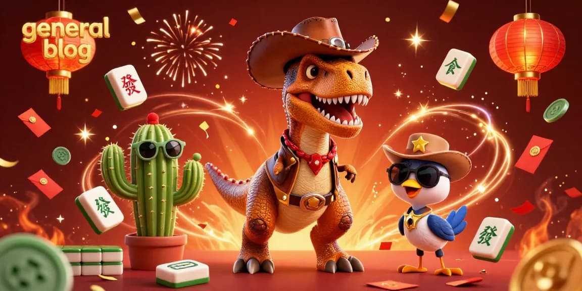 A vibrant general blog scene with T-Rex and friends engaging in a festive casino atmosphere filled with floating game elements.