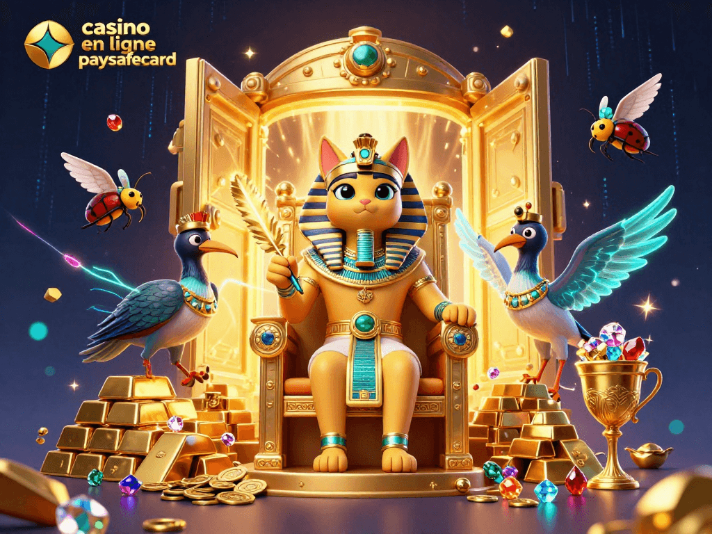 Jouez au casino en ligne paysafecard avec style dans une scène vibrante de trésors et de personnages illusoires.