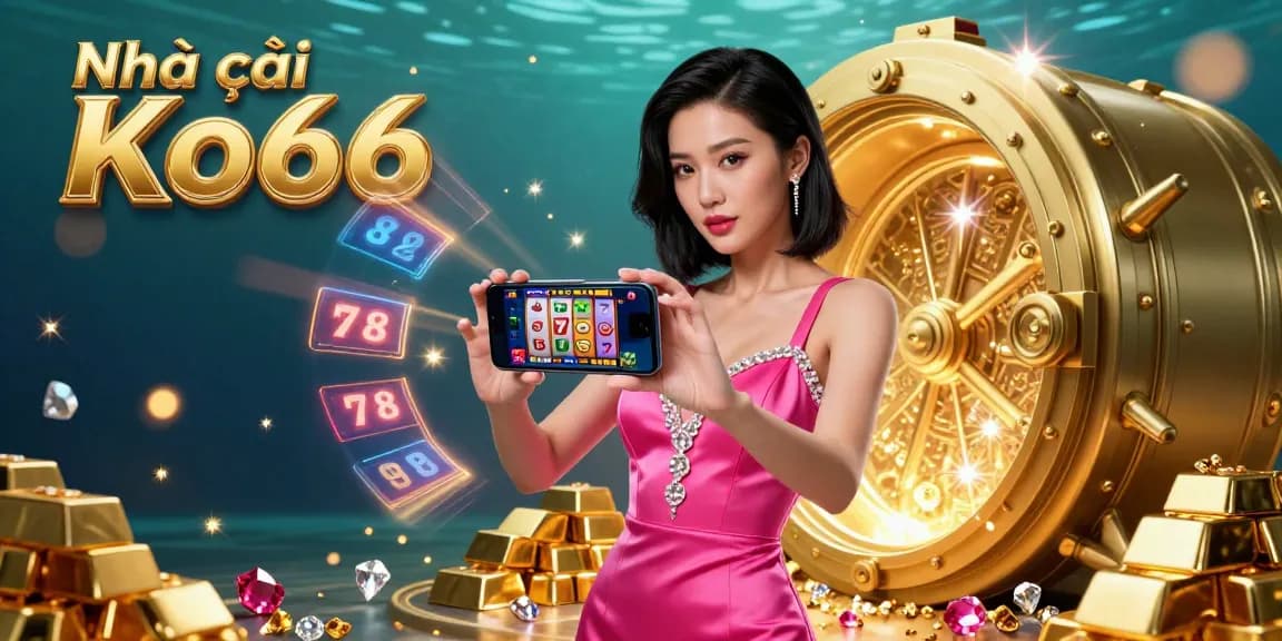 Engage with Nhà cái Ko66 featuring an Asian woman in a hot pink dress showcasing a live dealer game on her smartphone.