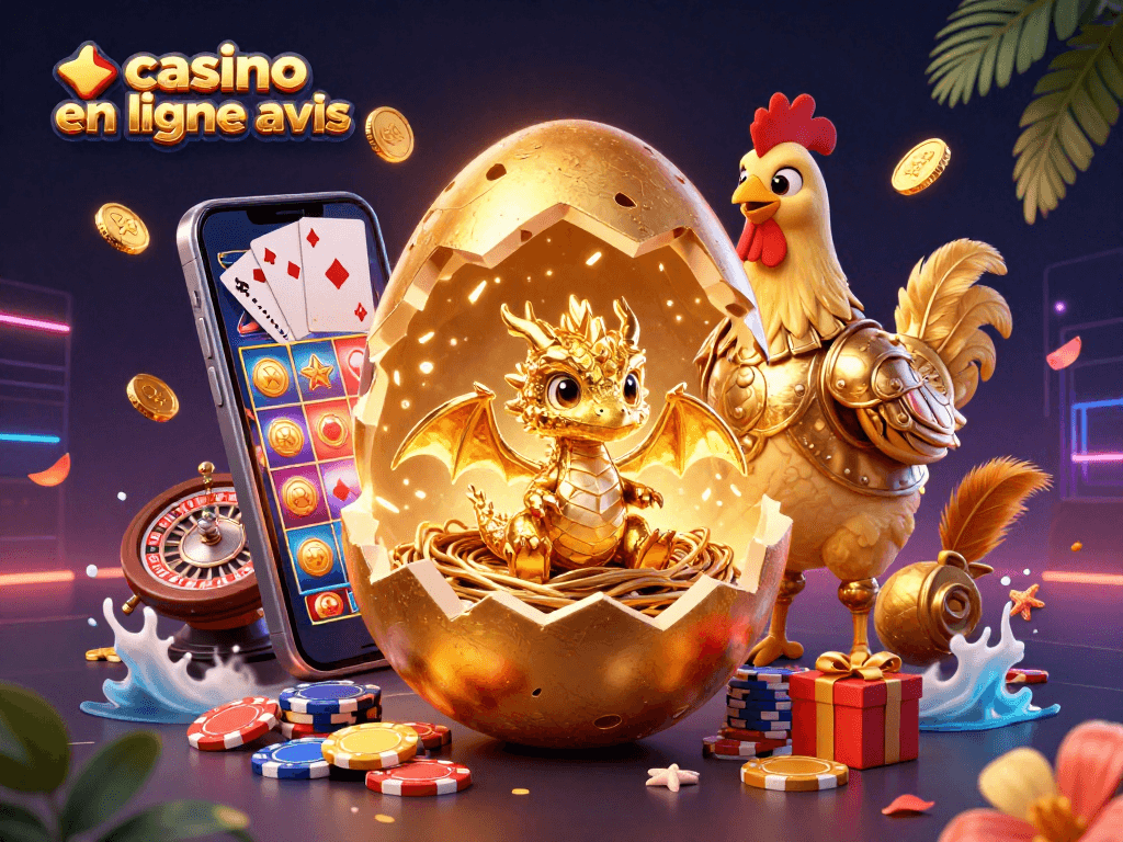 Découvrez le casino en ligne avis à travers une illustration captivante de jeux et un dragon d'or.