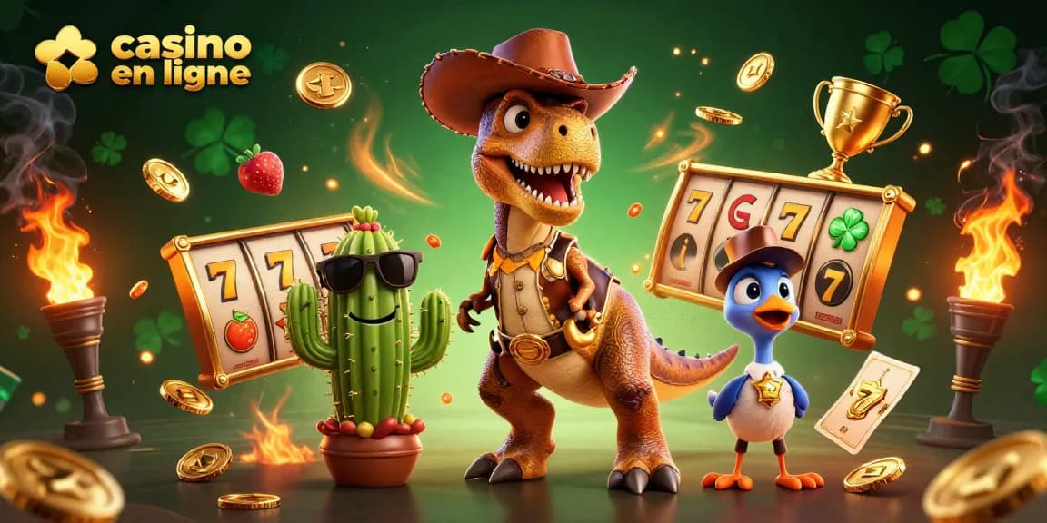 Spin the slots and jackpot at casino en ligne with a vibrant 3D cowboy dinosaur scene.