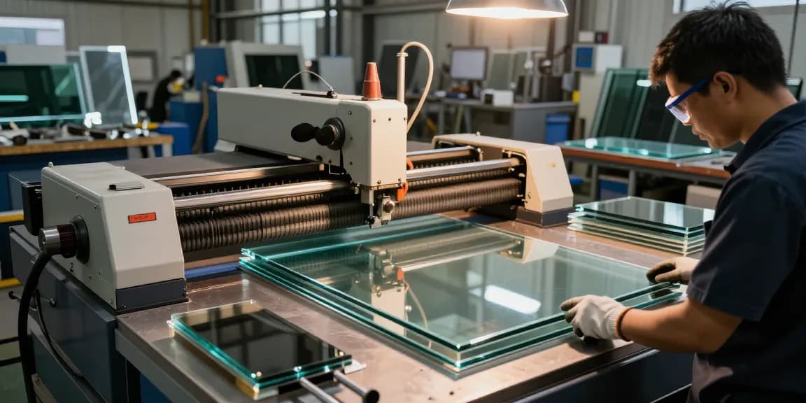 Skilled technician using a glass cutting machine in a modern industrial setting