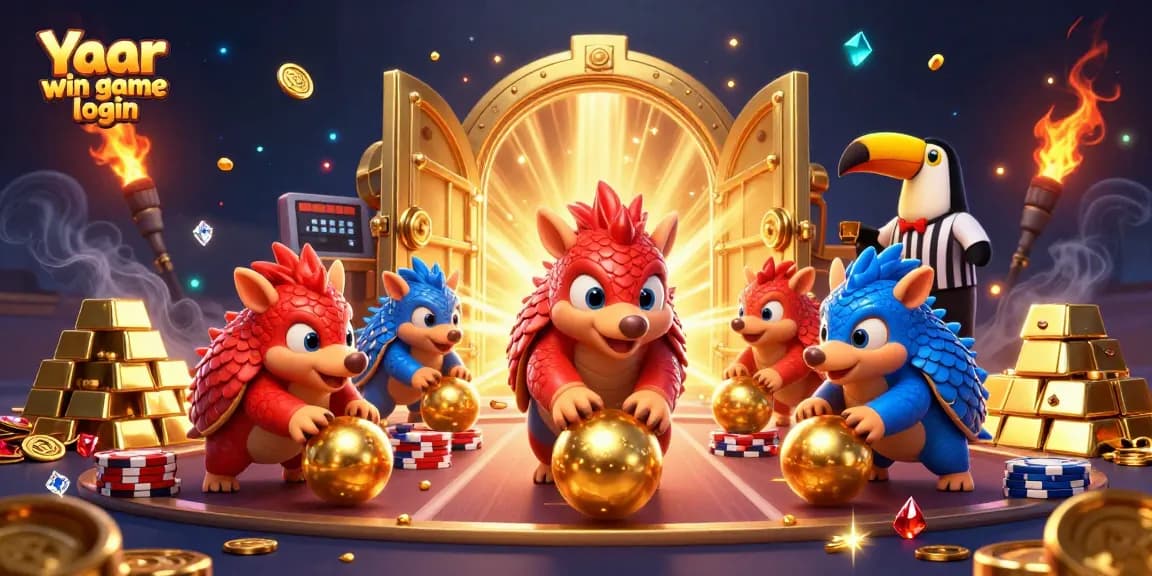 Experience the excitement of Yaar win game login with rival pangolins playing, golden treasures, and lively casino elements.