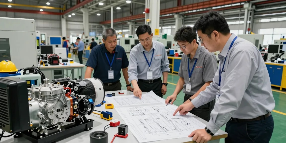 Engineers collaborating on industrial generator solutions in a well-lit factory.
