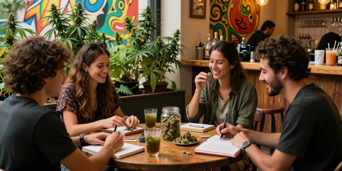Clubs Cannabis Madrid scene with friends enjoying cannabis and sharing stories in a social atmosphere.