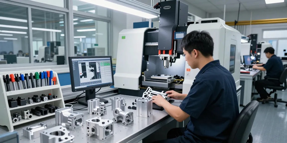 CNC Machining China: Technician operating CNC machine, showcasing precision manufacturing process in a modern workshop.