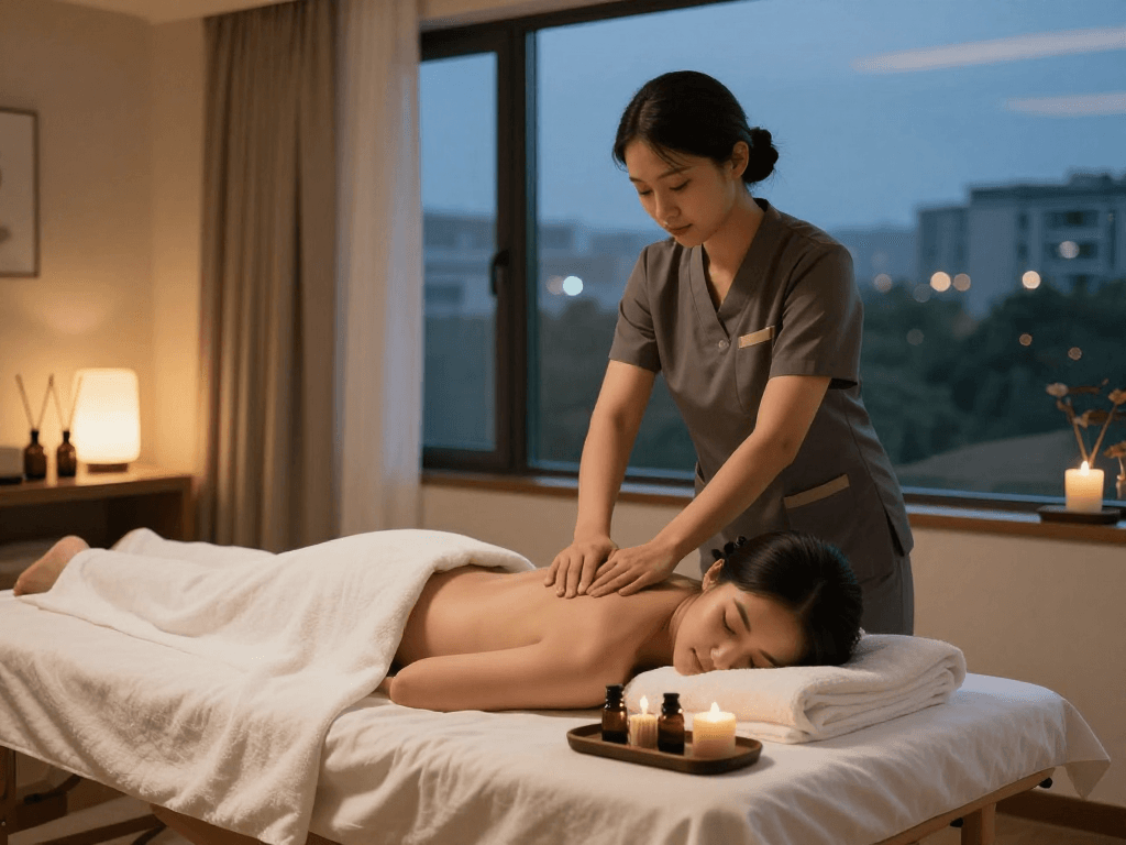 Professional 출장안마 session in a serene hotel room setting, highlighting relaxation and calmness.