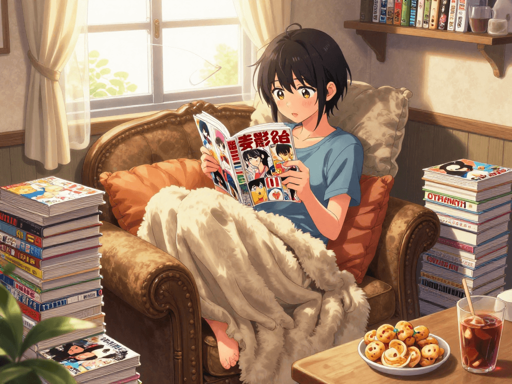 Young adult enjoying colorful erotic manga from https://hitomi-mangaraw01.com/ in a cozy reading nook.