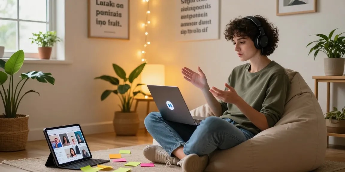 Engaging ai nsfw chat interaction in a cozy virtual workspace.