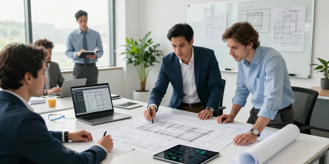 Engineering expert witness Missouri reviewing plans in a modern office, showcasing professional analysis and collaboration.