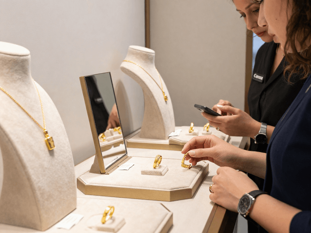 Buying gold jewelry at luxury store showcasing mantra 88 jewelry.