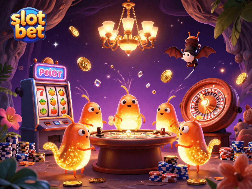Taruhan slot bet seru di dalam kasino dengan karakter cerah dan koin melayang.
