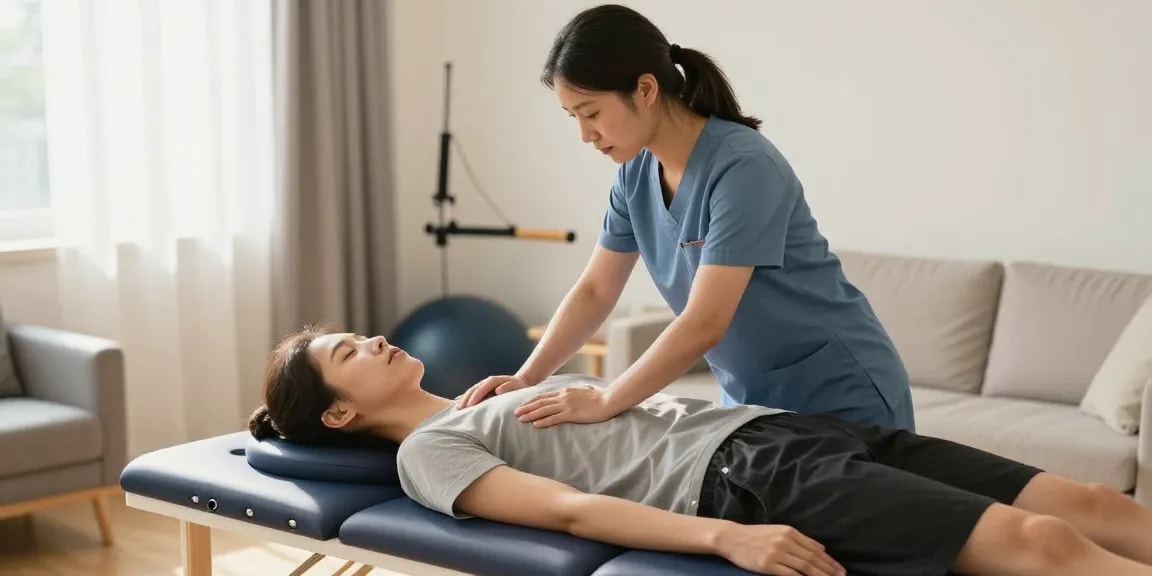 A patient receiving sports massage at home by a qualified therapist in a professional healthcare setting focused on wellness and recovery.