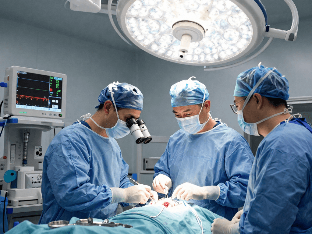 beyin tümörü ameliyatı in a professional operating room, neurosurgeon performing intricate surgery with advanced instruments.