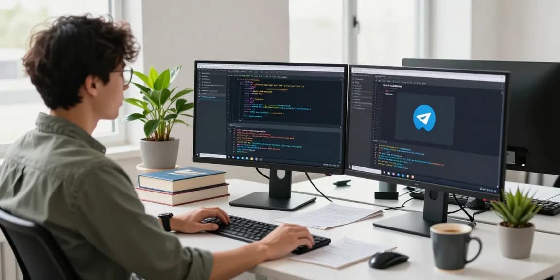 Developer using 纸飞机中文版 on dual monitors in a modern workspace