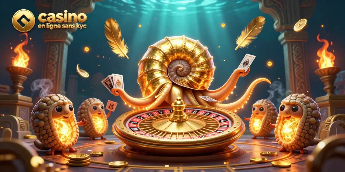 Visualisez l'excitation des jeux de casino en ligne sans KYC avec cette illustration dynamique de nautile et cartes.