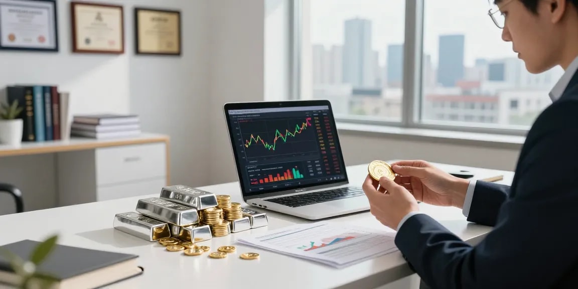 Investor engaging in gold investing analysis at a modern office with precious metals displayed.