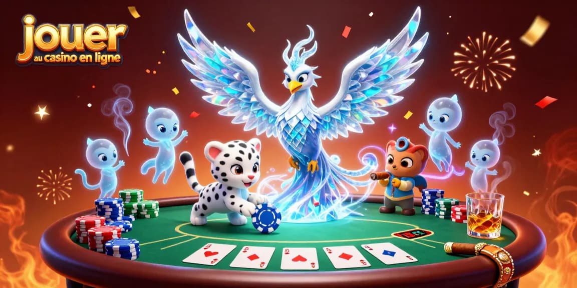 Jouez au casino en ligne avec un phoenix de glace et des éléments de poker scintillants.