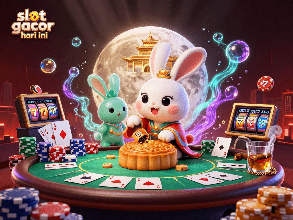 Experience slot gacor hari ini with a vibrant casino-themed lunar scene featuring cartoon characters.