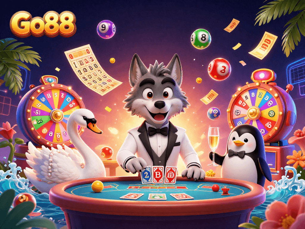 Go88 features an animated scene with characters engaged in interactive casino gaming.