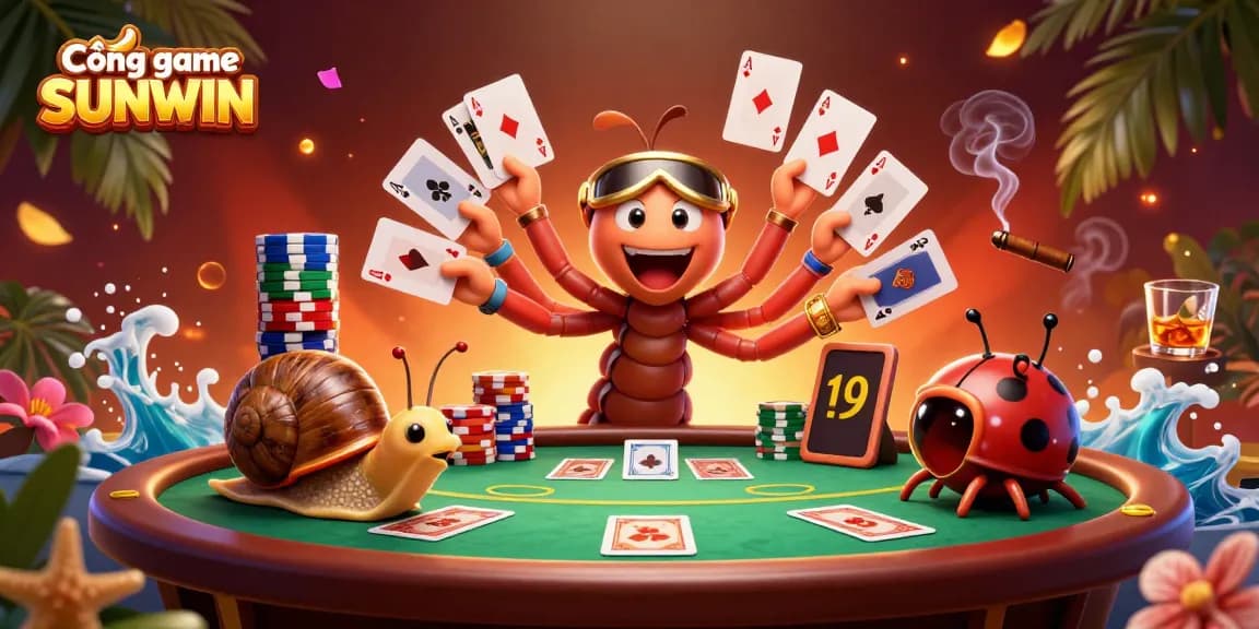 Experience Cổng game SUNWIN with epic gameplay as a millipede dealer fans cards and a high-rolling snail pushes chips.