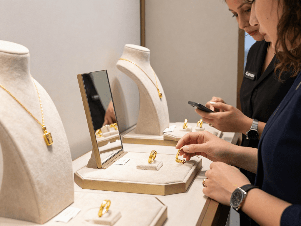 Buying gold jewelry at luxury store showcasing mantra 88 jewelry.