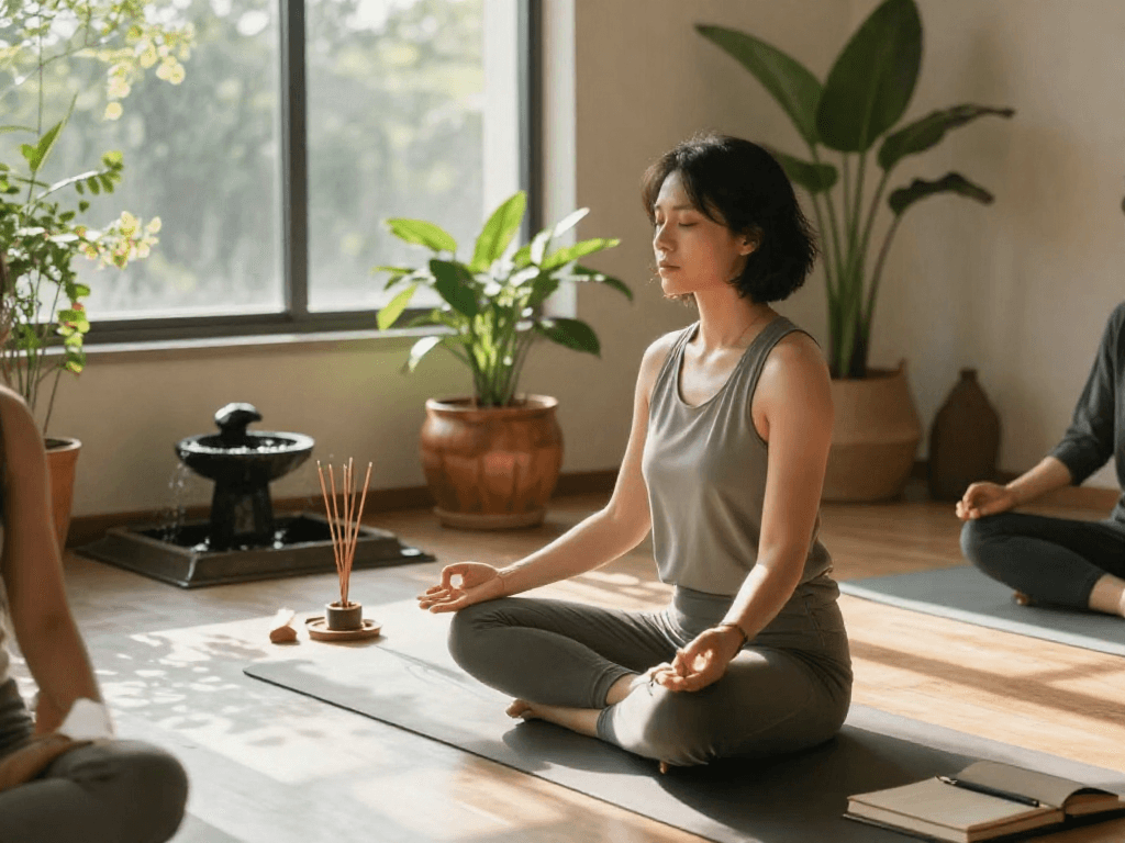 Meditative practice in serene yoga studio, emphasizing mantra 88 for mindfulness.