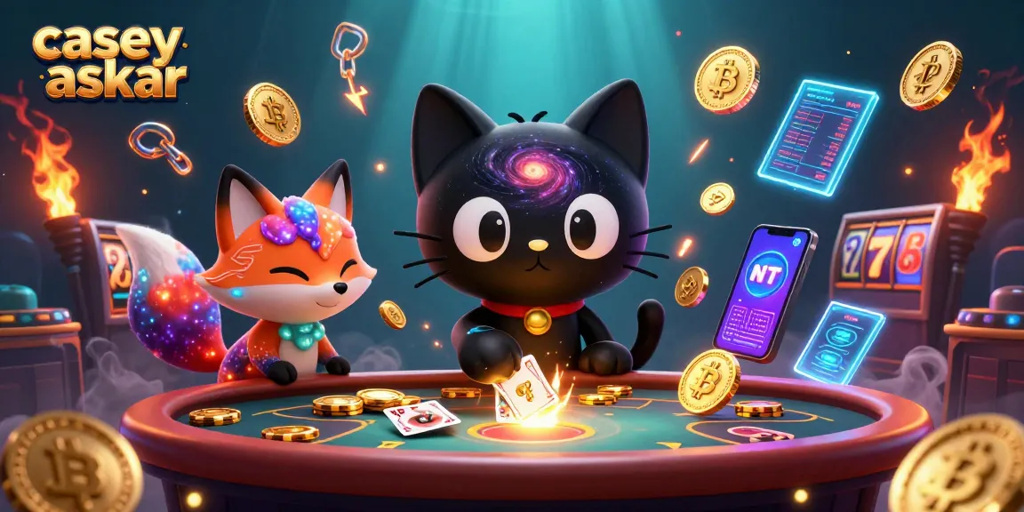 Engaging cosmic casino scene with casey askar, featuring a black hole cat and nebula fox.