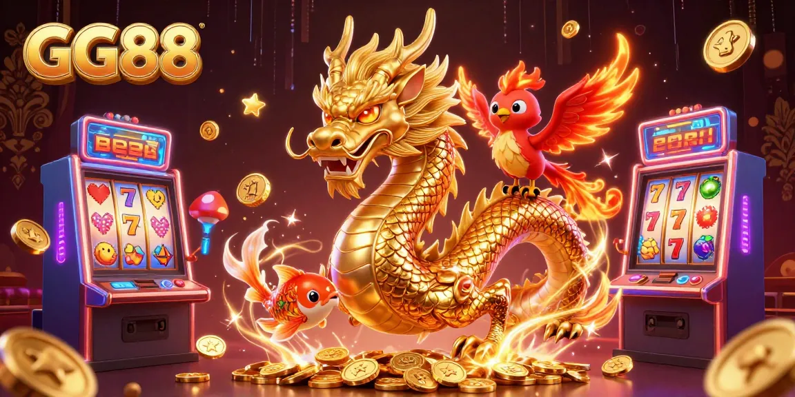 Experience GG88's vibrant casino gaming scene with a golden dragon, phoenix, and koi fish.