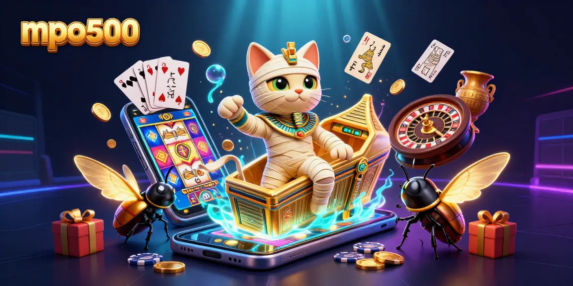 Experience mpo500 with a vibrant 3D illustration featuring Egyptian-themed casino elements and dynamic gaming action.