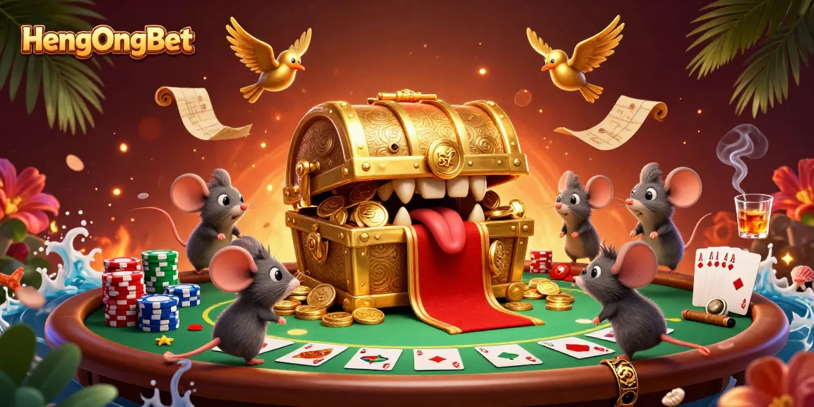Engage with the thrilling world of HengOngBet featuring a golden treasure chest and vibrant casino elements.