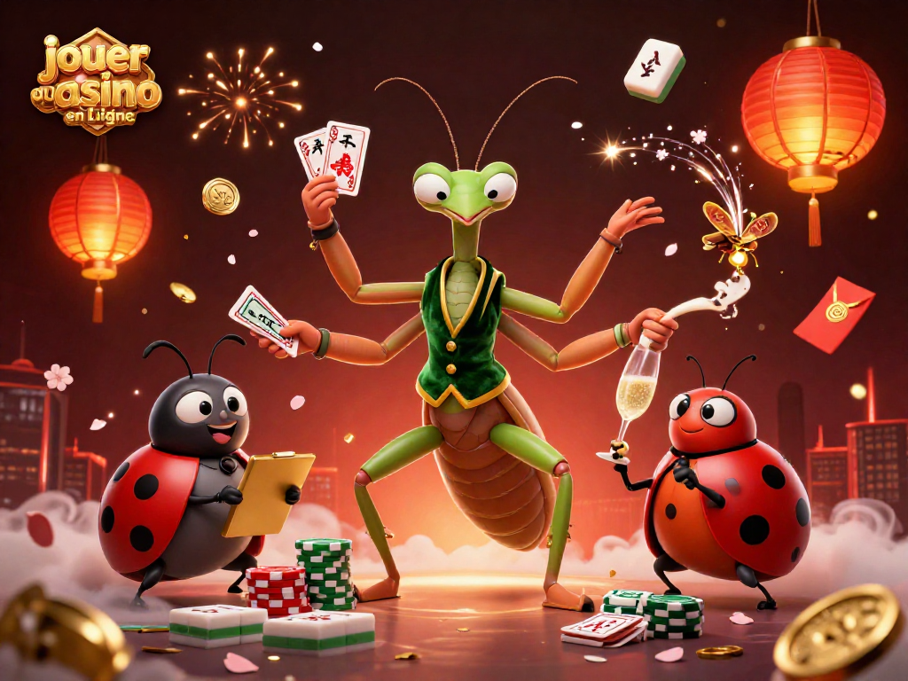 Jouer au casino en ligne avec un caméléon géant et des éléments de jeu dans une scène dynamique.