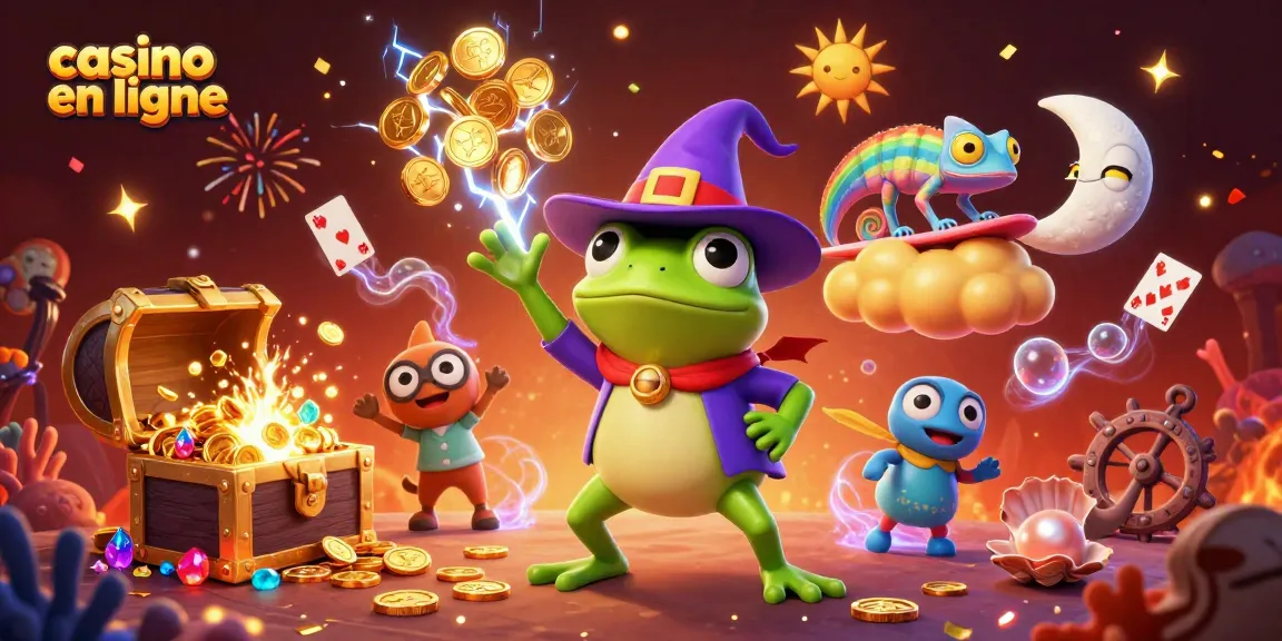 Découvrez l'excitation du casino en ligne avec des personnages vibrants et des éléments dorés scintillants.