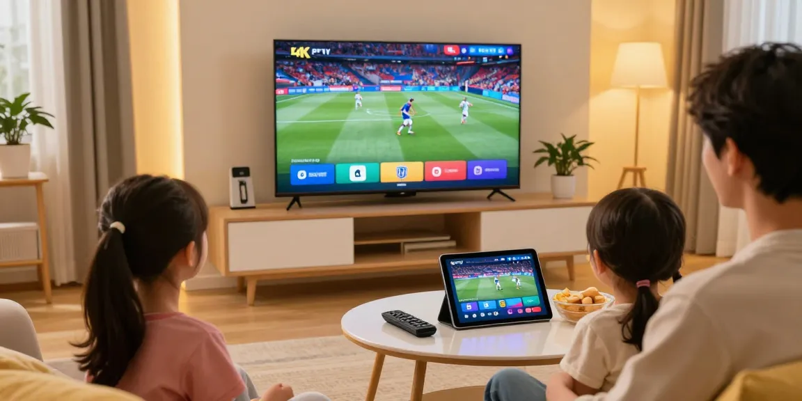 IPTV streaming service on tablet in a cozy home setting, ideal for online shopping.