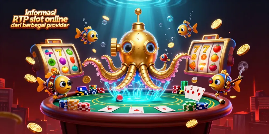 Ilustrasi 3D menggambarkan kraken emas dan simbol-simbol keberuntungan di lautan koin, guna informasi RTP slot online dari berbagai provider.
