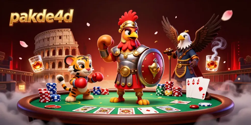 Witness the excitement of pakde4d as a gladiator rooster and tiger cub engage in epic poker battles in a lively arena.