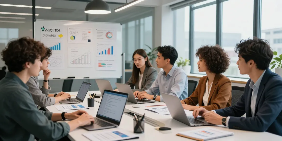 Dynamic workspace at a Digital Marketing Agency with professionals collaborating on strategies and marketing materials.